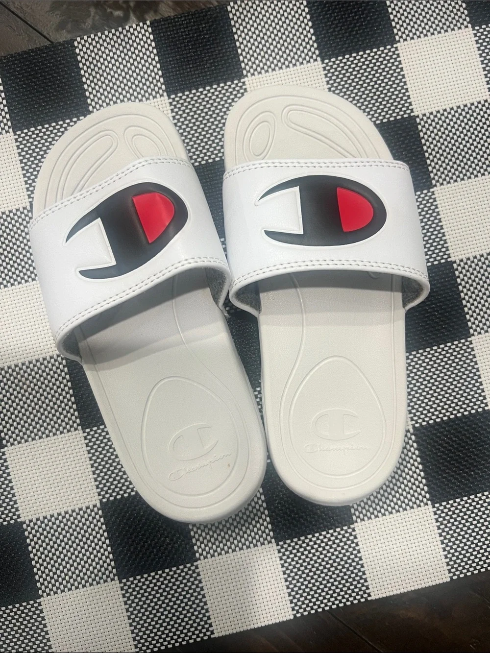 Champion White Kids Slide Sandals with Black & Red Logo